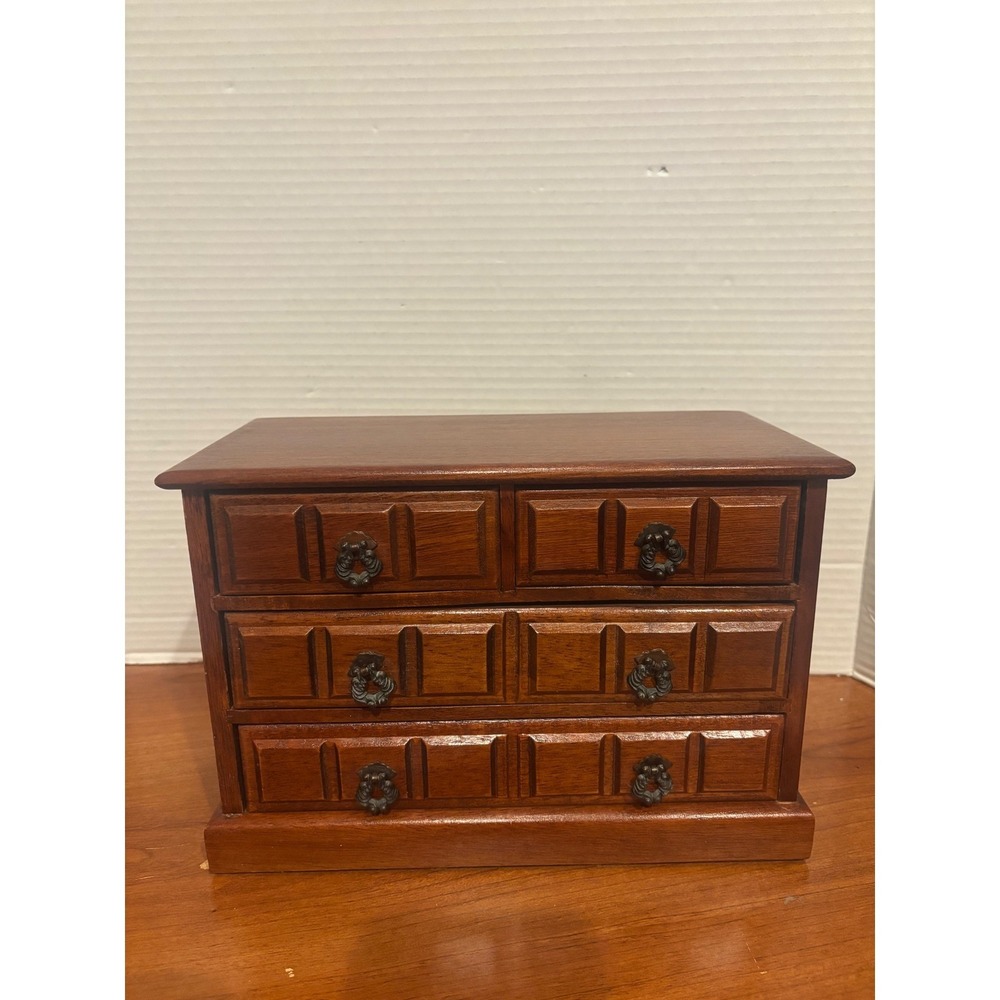 Vintage Wooden Miniature Dresser Jewelry Music Box Yellow Velvet Lined 4 Drawers